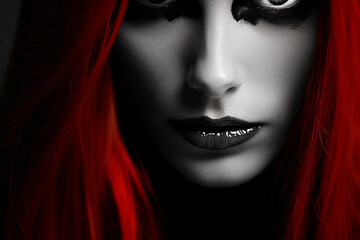 A captivating close-up of a woman with red hair and dark makeup - obrazy, fototapety, plakaty