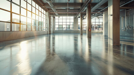 An empty modern loft features a concrete floor and large windows, creating a spacious and minimalist ambiance.