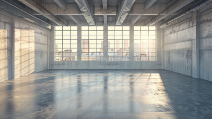 An empty modern loft features a concrete floor and large windows, creating a spacious and minimalist ambiance.