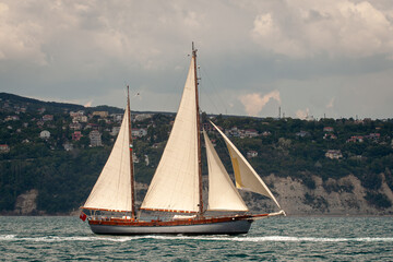 Old ship with white sales, sailing in the sea - 787161358