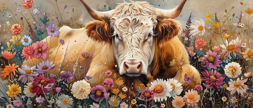 Bright and cheerful watercolor painting featuring a Scottish cow lounging among lush floral blooms, using a lively palette of hues