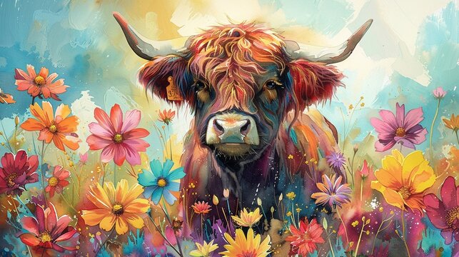 Watercolor illustration of a charming Scottish cow amidst a field of vibrant blossoms, painted in a spectrum of bright colors