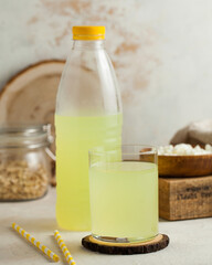 Milk whey. The nutrient-rich serum in a bottle. The concept of dairy products.