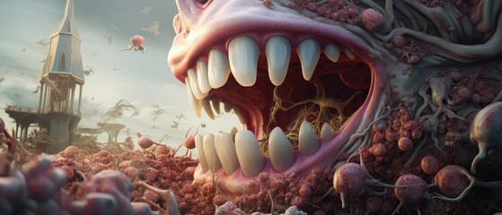 A surreal 3D depiction of a microscopic battlefield within the human mouth, with immune cells battling oral bacteria among teeth and gums, accurate anatomy - obrazy, fototapety, plakaty