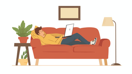 Remote working from home on sofa flat vector isolated