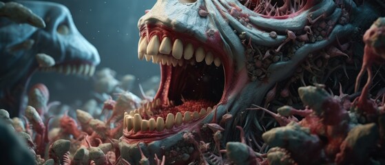 A surreal 3D depiction of a microscopic battlefield within the human mouth, with immune cells battling oral bacteria among teeth and gums, accurate anatomy - obrazy, fototapety, plakaty