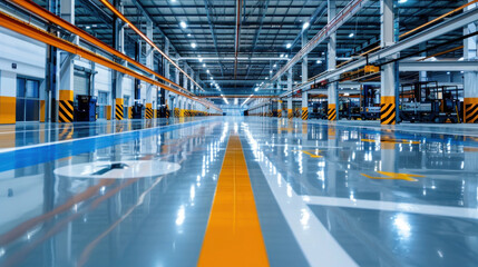 Epoxy floor in the factory building features traffic symbols, ensuring safety and organization within the facility.