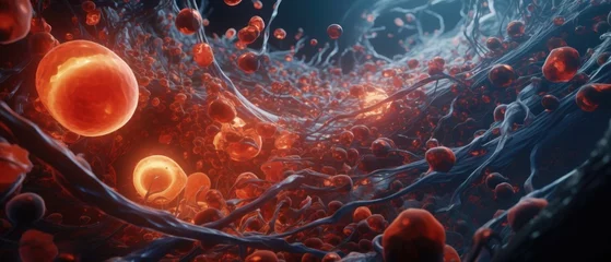 Behangcirkel A vibrant 3D animation of a microscopic battlefield within the stomach, featuring enzymes and stomach acids clashing with invasive bacteria, clear lighting © Pungu x