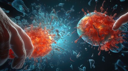 A vibrant 3D animation of a microscopic battlefield within the stomach, featuring enzymes and stomach acids clashing with invasive bacteria, clear lighting - obrazy, fototapety, plakaty