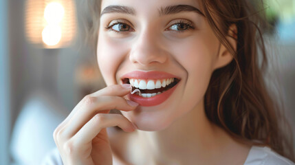 Young woman applying whitening strip on her teeth 