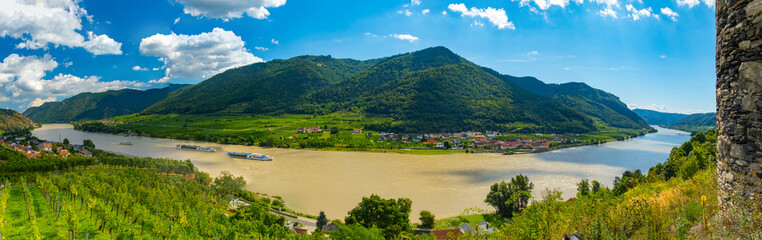 View from castle Hinterhaus in Spitz Wachau Austria with Danube river and vineyards - obrazy, fototapety, plakaty