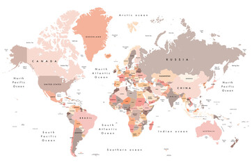 world map, shades of brown, pink, cream and orange, Illustration showing country names and oceans. Hi res Jpeg image