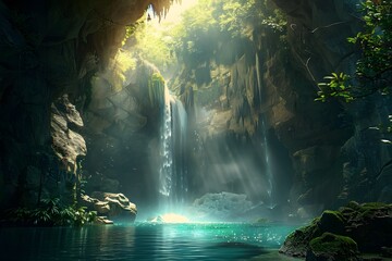 waterfall in the cave - obrazy, fototapety, plakaty