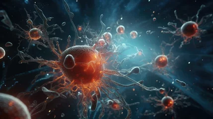 Foto op Plexiglas An eerie 3D animation set within the human brain, showing neurons and immune cells battling plaque and disease-causing agents, high detail © Pungu x