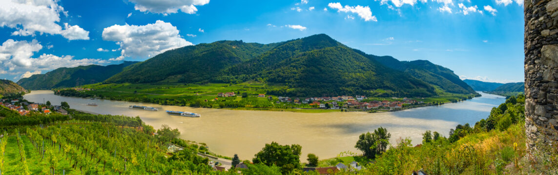 View from castle Hinterhaus in Spitz Wachau Austria with Danube river and vineyards