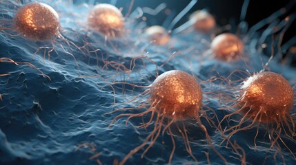 An intense 3D animation of a battle within the human hair follicles, depicting cells fighting off dandruff and scalp infections, medical illustration style - obrazy, fototapety, plakaty