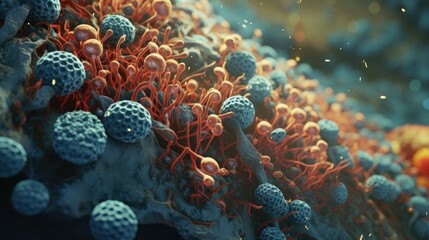 An intense 3D animation of a microscopic battle within the bone marrow, where blood cells are formed and fight against bone diseases, high detail - obrazy, fototapety, plakaty