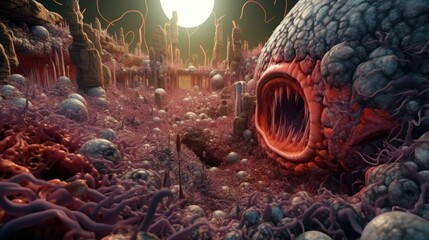 An intense 3D animation of a microscopic battle within the bone marrow, where blood cells are formed and fight against bone diseases, high detail