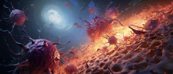 A 3D rendered battle scene within the sinuses, where immune cells fight against common cold viruses in a maze-like structure, medical illustration style - obrazy, fototapety, plakaty