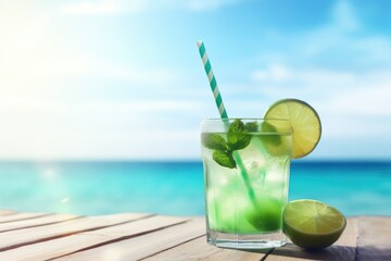 fresh green cocktail on tropical beach in summer