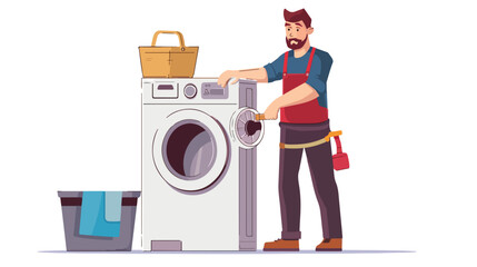 Repairman fixing boiler standing by washing machine illustration