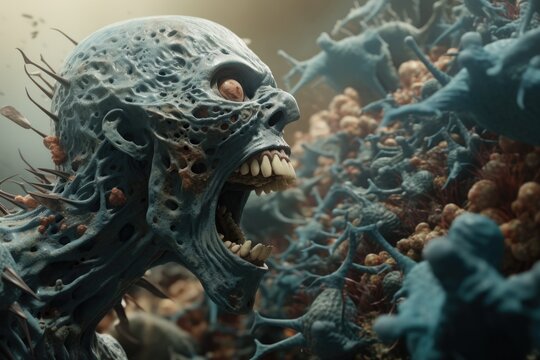 A 3D animated microscopic battlefield within the human jaw, where cells combat jaw-clenching injuries and infections, no shadow