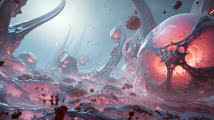 A futuristic 3D scene of a battle within the adrenal gland, with hormones like adrenaline enhancing the defense against stressors, no shadow - obrazy, fototapety, plakaty
