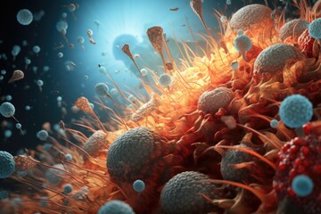 A microscopic battlefield within the human eye, depicted in 3D with immune cells fighting dust and pollen invaders among delicate fibers, medical illustration style - obrazy, fototapety, plakaty