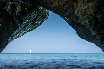 Tiny,pebble beach overlooking the sea on the Greek island of Kefalonia.