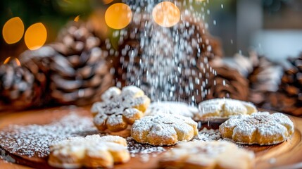 A beautiful image of cookies on a wooden plate with powdered sugar sprinkling down like snow