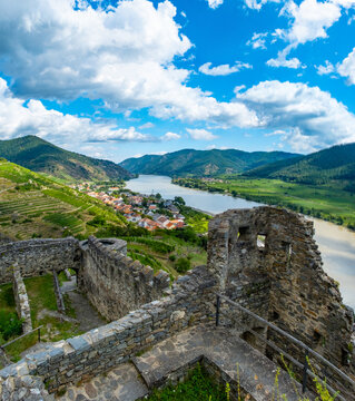 View from castle Hinterhaus in Spitz Wachau Austria with Danube river and vineyards