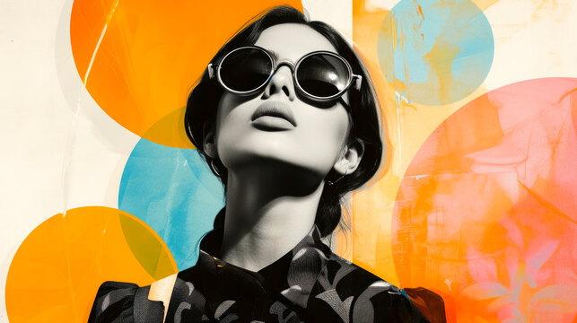 Generative AI illustration of elegant monochrome model with oversized sunglasses set against a backdrop of abstract orange circles, perfect for summer promotions