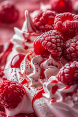 Close-up of raspberries with cream and syrup drizzle Generative AI image