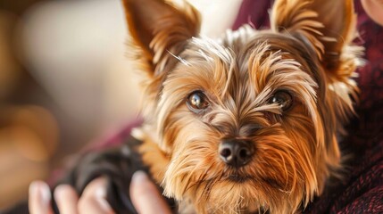 This close-up captures a Yorkshire Terrier's detail and the warm connection with a human companion