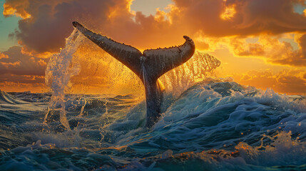 Moby Dick's tail, Whale Tail Splashing in Ocean at Sunset. - obrazy, fototapety, plakaty