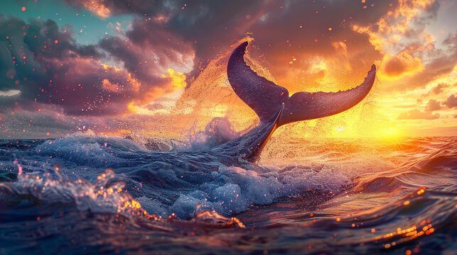 Whale Tail Splashing in Ocean at Sunset.