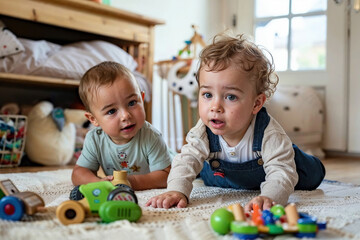 Two Toddlers Playing With Toys on the Floor. Generative AI