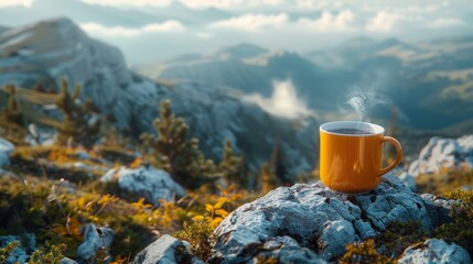 A hiking mug of hot tea with steam stands on a mountainside with a beautiful view of the mountain landscape - obrazy, fototapety, plakaty