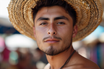Young man with straw hat in a lively market setting Generative AI image