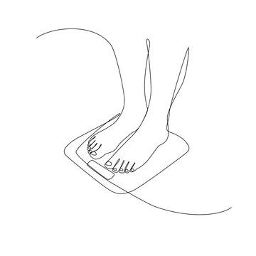 Bare Foot on Weight Scale Continuous Thin Line, Minimalist Feet Drawing, One Line Art Barefoot, Single Outline Drawing, Legs Logo, One Line Foot