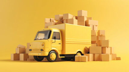 Delivery truck surrounded by stacks of cardboard boxes Generative AI image