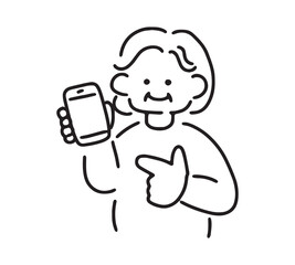 スマホを指差すシニア女性のイラスト