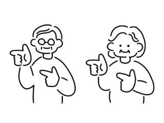 指差しポーズをするシニア夫婦のイラスト