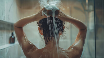 Young woman washing her hair with solid shampoo bar 