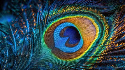 Obraz premium kaleidoscopic portrayal of a vibrant peacock feather, showcasing the intricate patterns and iridescent colors