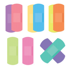 Bandage Plaster Icon, Colourful Medical Patch Symbol, Band Aid Silhouette, Multicolored Sticking Plasters, Colored Bandaid Patches Flat Icons on White Background, Vector Illustration