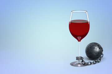 Wine and ball and chain concept on blue