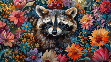 Watercolor artwork of a curious raccoon nestled in an explosion of floral blooms, vibrant colors bringing the scene to life