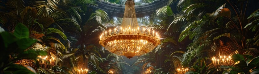 A golden chandelier hangs from a ceiling of overgrown vines in a lush jungle