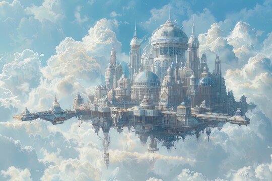 A beautiful sky city with white marble buildings and golden domes, floating in a sea of clouds.